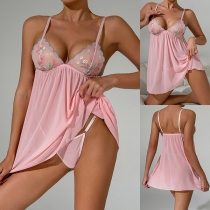 Fashion Floral Embroidery V-neck Semi-through Slip Nightwear Dress