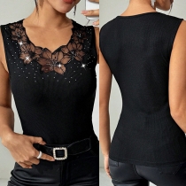 Fashion Crew Neck Sleeveless Bling-bling Floral Jacquard Lace Spliced Ribbed Shirt