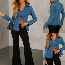 Fashion Stand Collar Long Sleeve Front Button Old-washed Denim Shirt