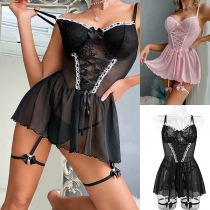 Sexy Contrast Color Lace Spliced Gauze Sweetheart Neckline Lace-up Nightwear Dress