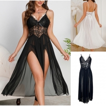 Fashion V-neck Lace Spliced Side Slit Nightwear Dress