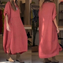 Comfy Solid Color Crew Neck Short Sleeve Loose Cotton and Linen Dress
