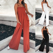 Fashion Solid Color Square Neck Patch Pockets Straight-cut Jumpsuit