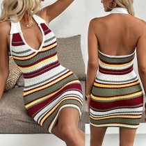 Fashion Contrast Color Halterneck V-neck Backless Bodycon Knitted Dress