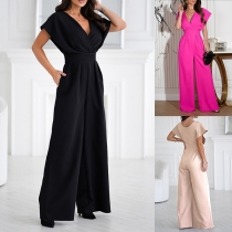 Fashion Solid Color V-neck Cap Sleeve High-rise Wide-leg Jumpsuit