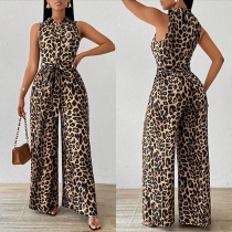 Fashion Leopard Printed V-neck Sleeveless Self-tie Wide-leg Jumpsuit