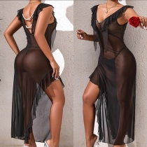 Sexy Ruffle V-neck Sleeveless Irregular Hemline Semi-through Nightwear Dress