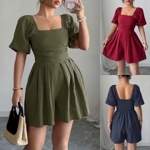Casual Solid Color Square Neck Short Sleeve High-rise Romper