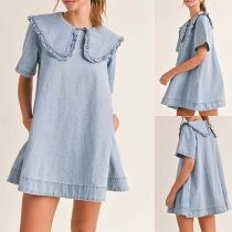 Fashion Ruffle Doll collar Short Sleeve Mini Denim Dress