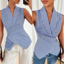 Fashion Vertical Stripe Printed V-neck Sleeveless Irregular Hemline Tie-back Shirt