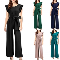 Fashion Solid Color Crew Neck Ruffle Sleeveless Self-tie Straight-cut Jumpsuit