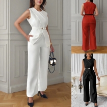 Elegant Solid Color Two-piece Set Consist of Vest and Straight-cut Pants