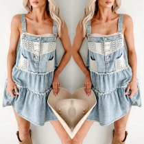 Fashion Square Neck Lace Spliced Patch Pockets Tiered Denim Dress
