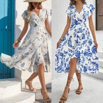 Fresh Style Floral Printed V-neck Short Sleeve Slit Ruffle Hemline Mini Dress
