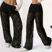 Fashion High-rise Straight-cut Semi-through Lace Pants