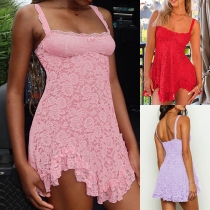 Fashion Square Neck Irregular Hemline Lace Slip Dress