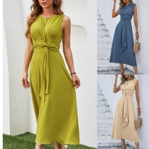Fashion Crew Neck Sleeveless Self-tie Waist Midi Dress