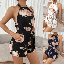 Fashion Floral Printed Halter Neck Sleeveless Side Pockets Backless Romper