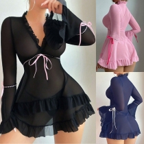 Fashion Ruffle V-neck Long Sleeve Tiered Hemline Semi-through Nightwear Dress