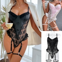 Fashion Lace Spliced Sweetheart Neckline Bowknot Lingerie Bodysuit