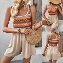 Fashion Wave Printed Spliced Square Neck Sleeveless Romper