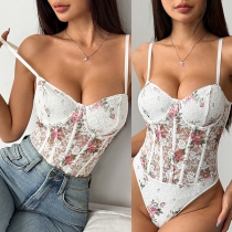 Fashion Floral Printed Sweetheart Neckline Lace Corset Bodysuit