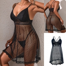 Sexy V-neck Criss-cross Backless Semi-through Lace Spliced Gauze Nightwear Dress