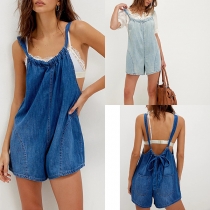 Casual Crew Neck Self-tie Denim Romper