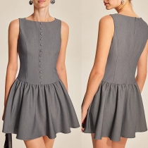 Fashion Crew Neck Sleeveless Front Button Ruffle Hemline Mini Dress