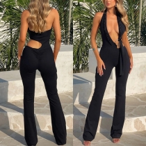 Sexy Halterneck Plunge V-neck Backless Wide-leg Jumpsuit