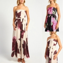 Sexy Floral Printed Strapless Self-tie Wide-leg Jumpsuit