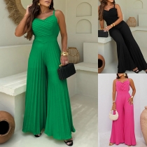 Fashion Solid Color V-neck High-rise Backless Wide-leg Pleated Jumpsuit