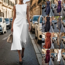 Fashion Solid Color Crew Neck Sleeveless High-rise Midi Dress