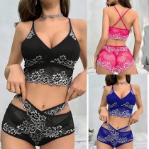Sexy Contrast Color Floral Jacquard Halterneck Cutout Two-piece Lingerie Set