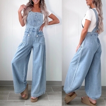 Street Fashion Square Neck Front Patch Pockets Straight-cut Old-washed Denim Suspender Jumpsuit