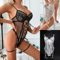 Fashion Lace Spliced Front Lace-up Semi-through Lace Lingerie Bodysuit