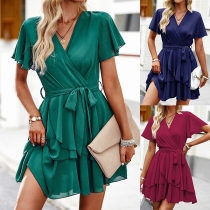 Simple A-Line Mini Skirt with Strappy Design in Solid Color