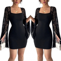 Square-Neck Fitted Dress with Trumpet Sleeves, Side Slit, and Lace Detail