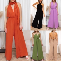Versatile Wide-Leg Jumpsuit, Sleeveless with Sexy Backless Design and Cross-Bandage Detail
