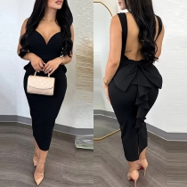 Ruffled Suspender Dress with V-neck and Backless Design