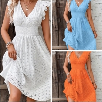 Elegant Slim V-neck Dress with Lotus Leaf Sleeves