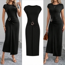 Round Neck Solid Color Long Dress with Slim Fit Design