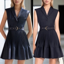Fashion Notch Lapel Sleeveless Pleated Ruffle Dress with Belt