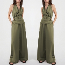 Elegant Two-piece Set Consist of Wrap Shirt and Wide-leg Jumpsuit