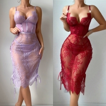 Sexy V-neck Side Lace-up Semi-through Nightwear Dress