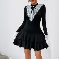 Fashion Mock Neck  Front Bowknot Lace Spliced Long Sleeve Ruffle Hemline Black Dress