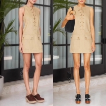 Fashion Crew Neck Front Lace-up Sleeveless Patch Pockets Mini Dress