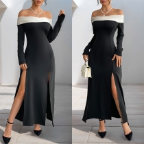 Sexy Contrast Color Off-the-shoulder Long Sleeve Side Slit Maxi Dress