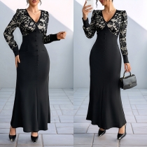 Fashion Lace Spliced V-neck Long Sleeve Front Button Maxi Dress