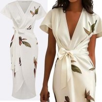 Fashion Floral Printed V-neck Cap Sleeve Self-tie Wrap Dress